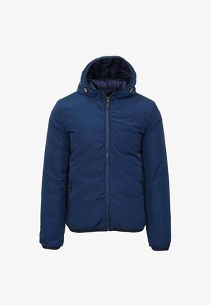 Giacca imbottita blu navy con cappuccio, dotata di chiusura con zip e polsini elasticizzati. Texture liscia con fodera interna trapuntata.