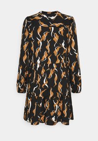 Robe noire à manches longues, bas évasé, présentant un motif abstrait en orange, blanc et beige, confectionnée dans un tissu léger.