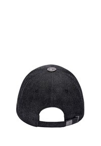 Black denim cap with a curved brim, adjustable strap, and metal logo accent on the top. Smooth texture with subtle stitching details.