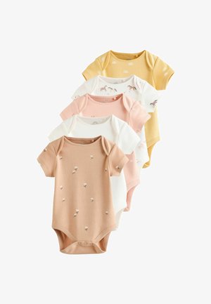 Fünf Babybodysuits aus Baumwolle. Farben: gelb, weiß, rosa, pfirsich, beige. Designs umfassen florale und Tiermuster. Kurze Ärmel, Druckknopfverschluss.