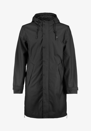 Schwarze wasserdichte Jacke mit Kapuze, Druckknopfverschlüssen, seitlichen Taschen und Kordelzügen. Glatte Textur und knielanges Design.