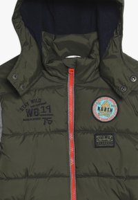 Giacca a vento verde con cappuccio, chiusura lampo rossa, testo ricamato "Stay Wild" e una patch rotonda con montagne e la parola "North."