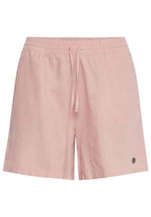 Lyse rosa linshorts med elastisk midje og snøring. Har en sidelogo-patch og en avslappet passform.