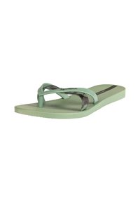 Green rubber flip-flop with a textured footbed, featuring a dark gray strap. Simple design with a slight curve at the toe post.