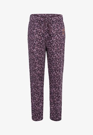 Lila gemusterte Jogginghosen mit elastischem Bund und Kordelzug, verziert mit abstrakten Formen in Schwarz und Lavendel. Weicher Stoff mit entspannter Passform.