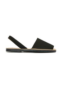 Black slingback sandal with a minimalist design, featuring a wide front strap and a textured rubber sole for grip.