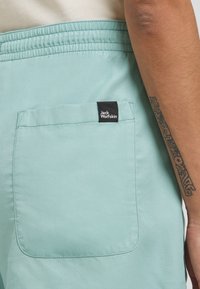 Helle türkisfarbige Shorts aus einem glatten Stoff, mit einem elastischen Bund und einer Gesäßtasche, die mit einem schwarzen Jack Wolfskin-Logo versehen ist.