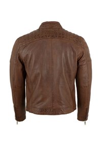 Braune Lederjacke mit einem gesteppten Schulterdesign, Reißverschluss-Manschetten und einer glatten Textur. Sie hat einen klassischen Schnitt und keine sichtbaren Beschläge.