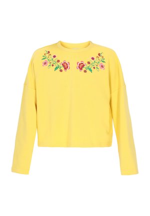 Kollane pikakäiselise sviitriga, ümmarguse kaelusega, millel on ees roosad, punased ja rohelised lillemustrid. Pehme puuvillane materjal.