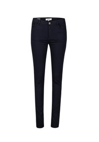 Jeans skinny azul marino en una tela suave con un diseño tradicional de cinco bolsillos y cierre de botón frontal, con sutiles detalles de costura.