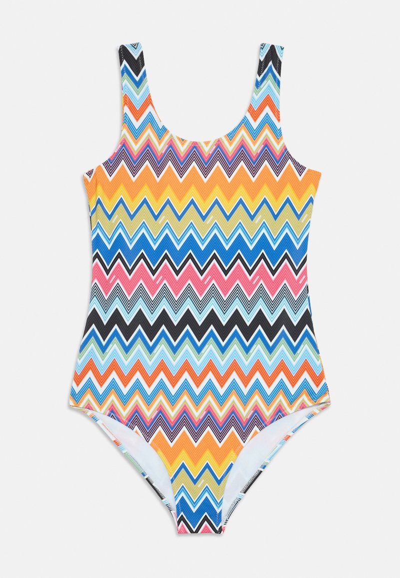 Maillot de bain une pièce avec un motif en zigzag en orange, rose, bleu, jaune et noir. Fabriqué en matière texturée et extensible.