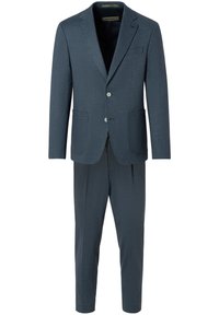 Dunkelblauer Herrenanzug in zwei Teilen mit strukturiertem Stoff, Sakko mit Kerbkragen, zwei Knöpfen und aufgesetzten Taschen, kombiniert mit passenden, maßgeschneiderten Hosen.