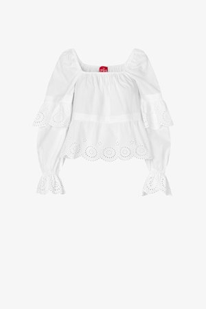 Fehér, hosszú ujjú blúz négyzet alakú kivágással, fodros mandzsettákkal és aljjal, valamint lyukacsos hímzéssel az ujjakon és a szegély alján.