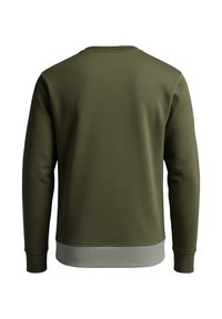 Sweatshirt vert foncé avec un col rond, des poignets côtelés et un ourlet côtelé gris clair. Tissu lisse avec un design simple et uni.