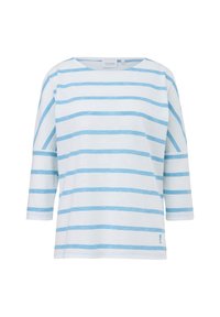 Weißes Oberteil mit hellblauen horizontalen Streifen, runder Halsauschnitt und Dreiviertelärmeln. Weicher Stoff mit lässigem Schnitt.