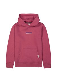 Sudadera con capucha en un vibrante color rosa con un bolsillo tipo canguro. Presenta la inscripción "METAS DEL FUTURO NUEVA PERSPECTIVA" impresa en azul en la parte delantera. Textura suave.