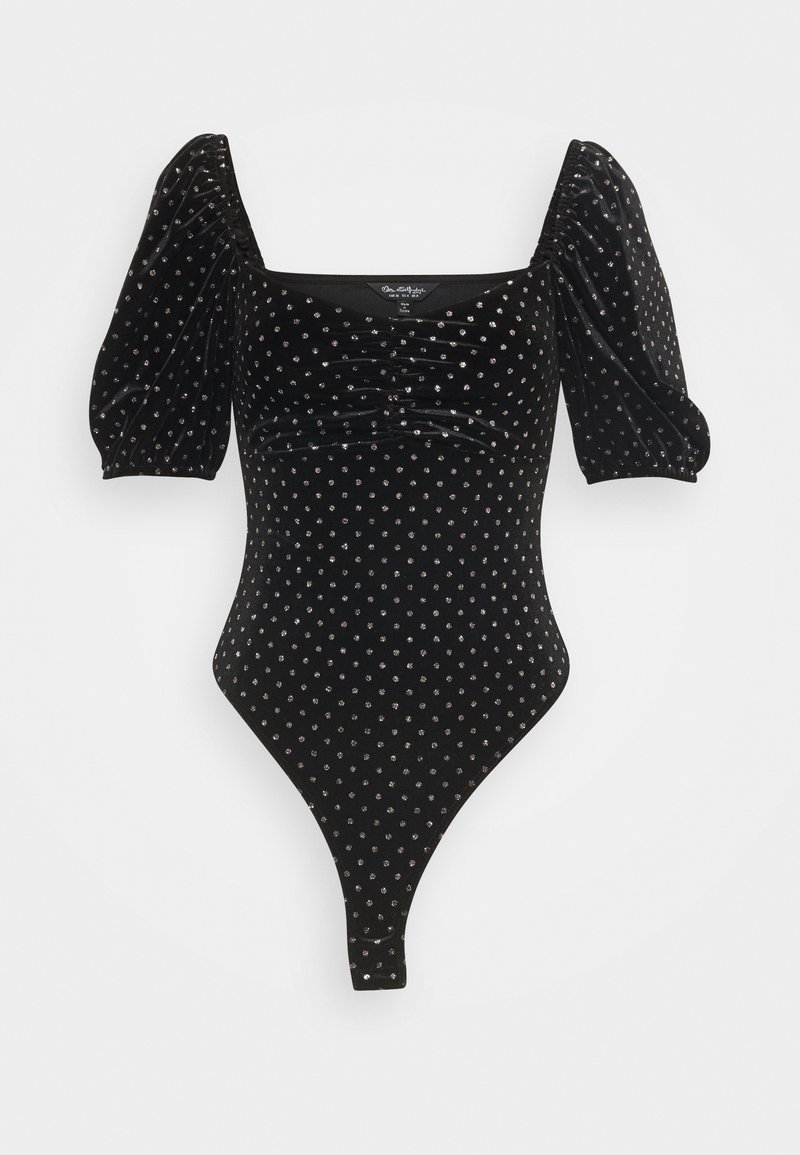 Black velvet bodysuit with puffed sleeves, square neckline, ruching detail, and all-over metallic dot pattern. High-cut leg opening.