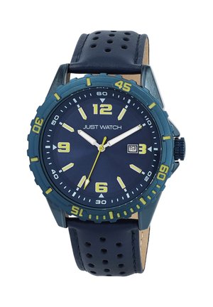 Blue analog watch with a textured navy leather strap, large yellow markers, and a date window. Features a unidirectional bezel and silver hands.