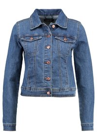 Denimtakki keskisinisessä sävyssä, jossa kaulus, etutaskut ja kuparinväriset napit. Istuva malli, jossa pitkät hihat ja lyhyt helma.