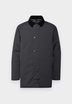 Dark gray jacket with a corduroy collar, snap buttons, side pockets, and a textured finish, featuring a plaid lining inside.