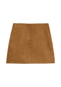 Bruine suède minirok met een rechte snit, voorzien van twee verborgen zijzakken en een centrale verticale naad, zachte textuur en een gladde afwerking.