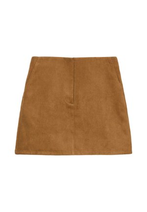 Brauner Wildleder-Minirock mit gerader Schnittführung, der zwei versteckte Seitentaschen und eine zentrale vertikale Naht aufweist, weiche Textur und glatte Oberfläche.