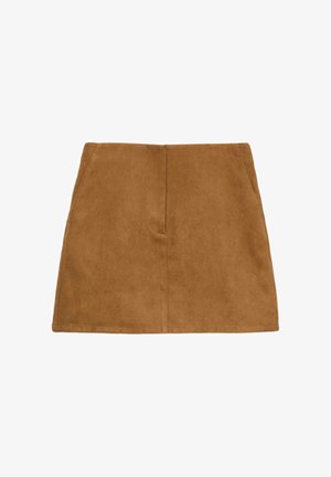 Brun ruskinds mini nederdel med lige snit, der har to skjulte sidelommer og en central lodret søm, blød tekstur og glat overflade.