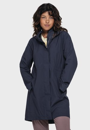 Navy waterproof long jacket with a front zipper, stand-up collar, and two side pockets, featuring a relaxed fit and a matte finish.
