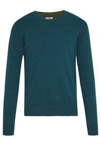 Maglione teal a scollo a V, realizzato in tessuto morbido. Maniche lunghe, polsini e orlo a costine. Etichetta visibile al collo, con interno a contrasto.
