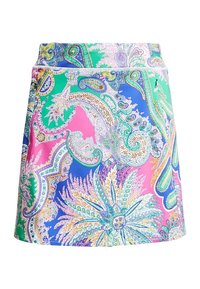 Colorful mini skirt featuring a paisley pattern with shades of pink, green, blue, and white. Made of smooth, lightweight fabric.