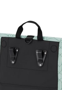 Black fabric bag with a geometric mint green pattern, featuring a sturdy handle and metal hardware for attachment. Textured and durable design.