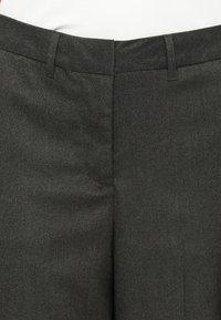 Temno sivi krojeni hlače z gladko teksturo, ki imajo pas, sprednje žepe in subtilno pregib, ki poteka po nogah.