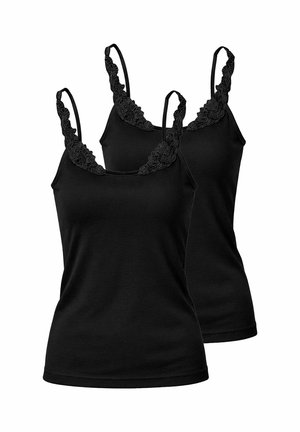 Two black women's camisoles with thin straps and floral lace trim at the neckline, shown against a white background.