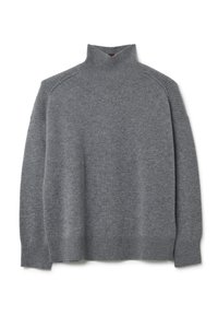 Grauer Rollkragenpullover aus weichem Strickmaterial, mit einem gerippten Kragen, Bündchen und Saum, lockerer Passform und Raglanärmeln.