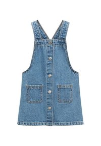 Džínová overal šaty v světle modré barvě, s nastavovacími šlemi, pěti předními knoflíky a dvěma předními kapsami. Klasický rovný střih s čistými lemy.