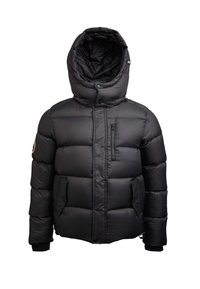 Schwarze Steppjacke mit hohem Kragen, Frontreißverschluss und mehreren Taschen. Verfügt über ein gestepptes Muster und Rippstrickbündchen. Wasserdichtes Material.