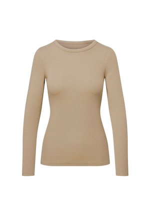 Długi rękaw, prążkowany top w jasnym beżu, z okrągłym dekoltem i dopasowanym krojem, wykonany z miękkiej, elastycznej tkaniny.