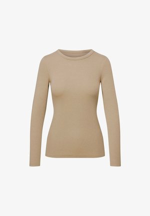Długi rękaw, prążkowany top w jasnym beżu, z okrągłym dekoltem i dopasowanym krojem, wykonany z miękkiej, elastycznej tkaniny.