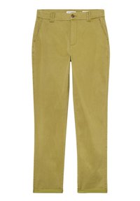 Pantaloni chino verde khaki in cotone con una texture liscia, dotati di due tasche anteriori, una tasca posteriore singola e chiusura con bottone.