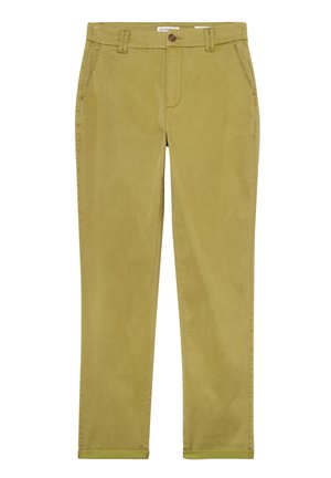 Pantaloni chino verde khaki in cotone con una texture liscia, dotati di due tasche anteriori, una tasca posteriore singola e chiusura con bottone.