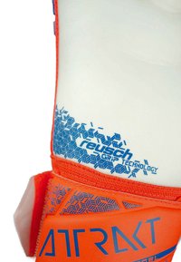Torwarthandschuh mit einem orange-weißen Design, strukturiertem Griff, blauer Markenkennzeichnung und einem engen Handgelenksverschluss mit sechseckigen Mustern.