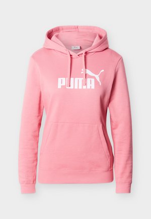 Felpa con cappuccio rosa in tessuto morbido, con tasca a marsupio, cappuccio con coulisse e logo stampato bianco sul davanti.