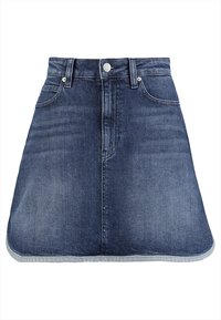 Denim A-linje kjol i mörkblå, med hög midja, framfickor och en kontrasterande denimslant. Klassisk, mångsidig design.