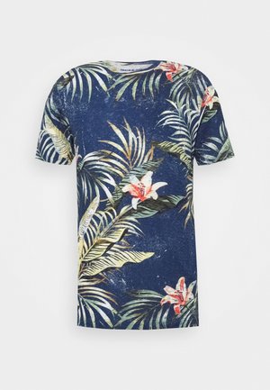 Marineblaues T-Shirt mit kurzen Ärmeln, tropischem Blatt- und pinkem Lilienmuster, Rundhalsausschnitt und lässiger Passform.