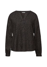 Bluzka w czarno-leopardzi wzór z dekoltem w kształcie V, długimi rękawami z marszczonymi mankietami i luźnym krojem. Wykonana z miękkiego, lekkiego materiału.