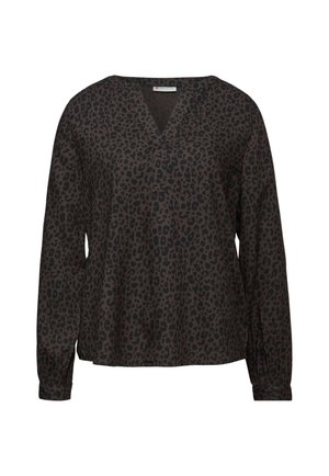 Sort leopardmønstret bluse med V-hals, lange ærmer med rynkede manchetter og en afslappet pasform. Fremstillet af et blødt, let vævet stof.