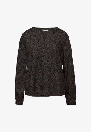 Blusa de estampado de leopardo negro con escote en V, mangas largas con puños fruncidos y un corte holgado. Fabricada con una tela suave y ligera.