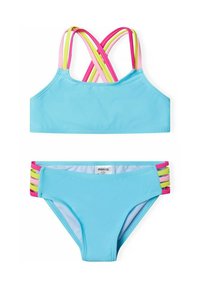Set di bikini blu composto da un top corto con spalline incrociate multicolori e slip coordinati con dettagli laterali in rosa, giallo e verde.