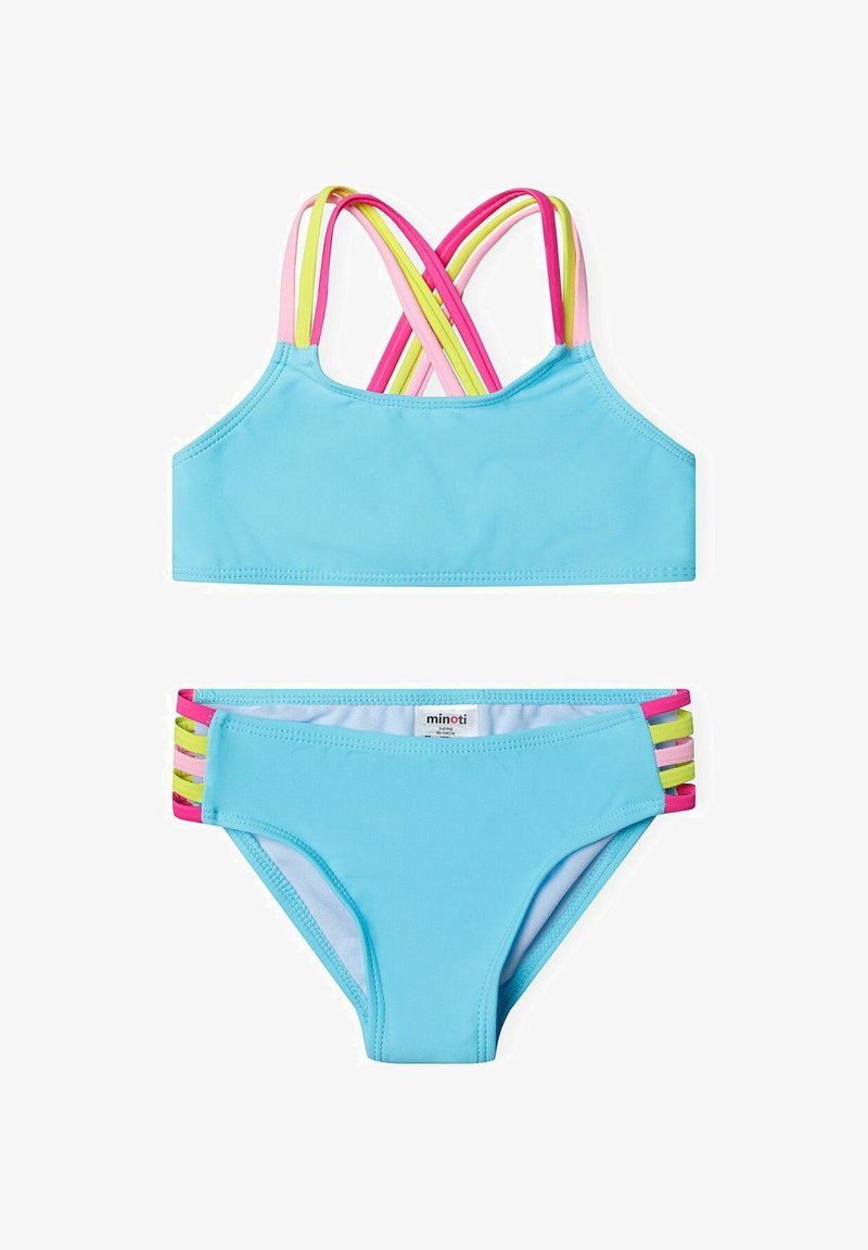 Sininen bikini-setti, jossa on lyhyt toppi, jossa on monivärisiä ristikkäin meneviä hihnoja, ja vastaavat alaosat, joissa on sivutehosteita vaaleanpunaisena, keltaisena ja vihreänä.