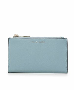 Light blue, textured leather wallet with a gold zipper and "MIRIAD" logo embossed at the front. Rectangular shape with a slim profile.